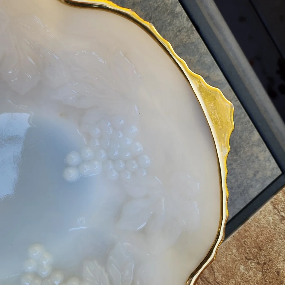 Vintage Anchor Hocking Milkglass Bowl With Grape & Vine Pattern and Gold Trim
